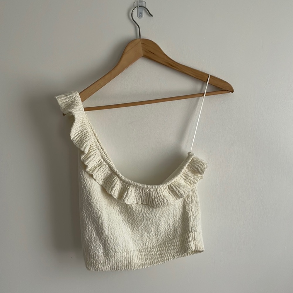 One shoulder cream crop top with ruffles